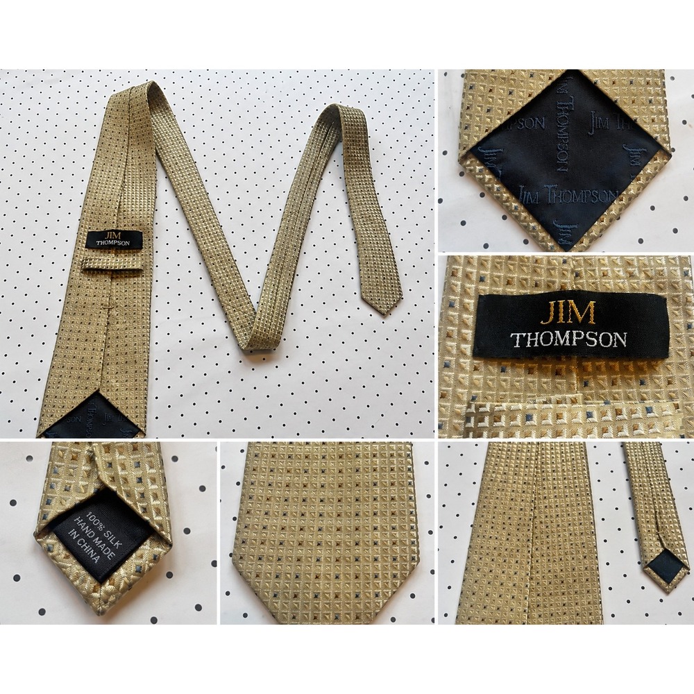 Jim Thompson Gold Geometric Silk Tie Tan Blue Brown Woven Classic Mens Necktie
